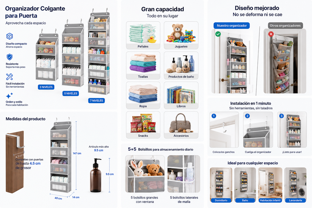 Organizador Colgante Premium de 5 Niveles para Puertas | Ahorra Espacio y Elimina el Desorden